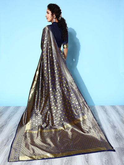 Navy Blue Blend Silk Woven Saree With Unstitched Blouse