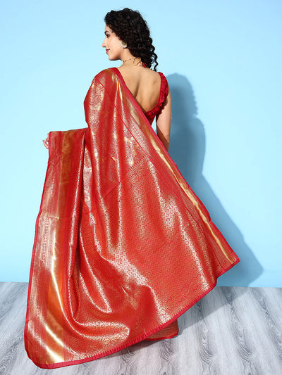 Maroon Blend Silk Woven Saree With Unstitched Blouse