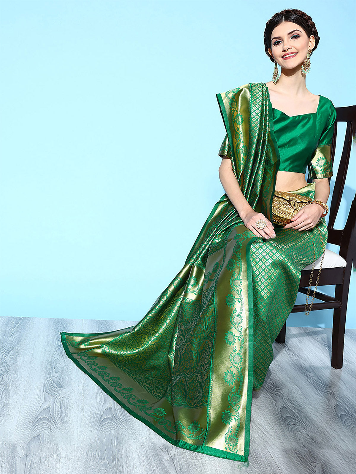 Green Blend Silk Woven Saree With Unstitched Blouse