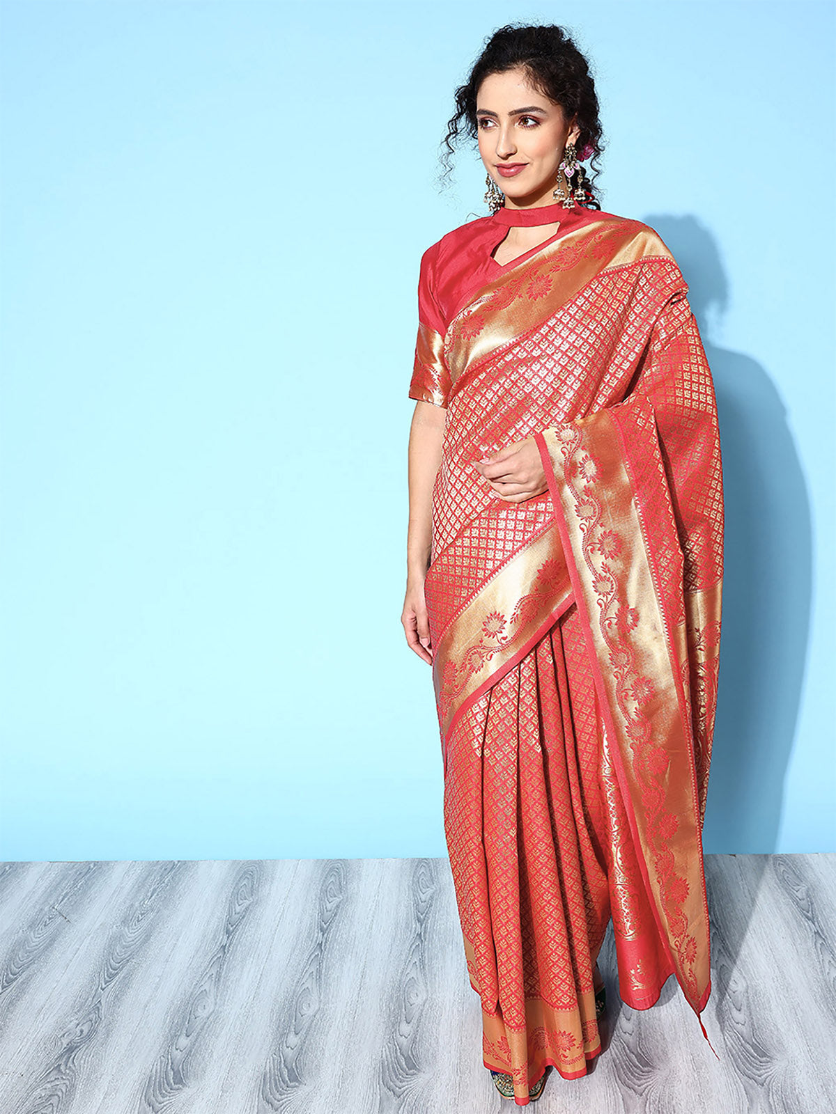 Maroon Blend Silk Woven Saree With Unstitched Blouse