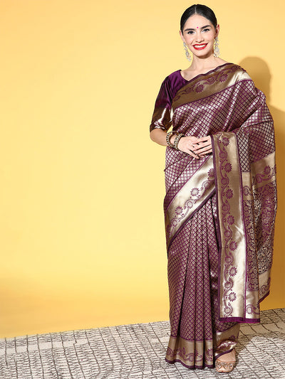 Magenta Blend Silk Woven Saree With Unstitched Blouse