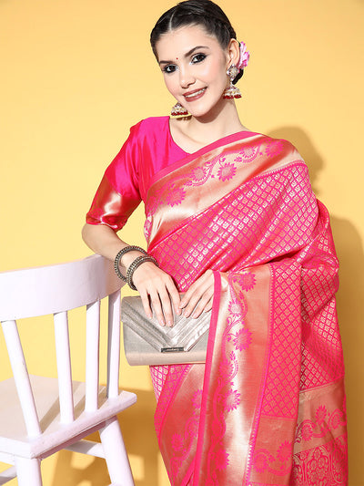 Pink Blend Silk Woven Saree With Unstitched Blouse