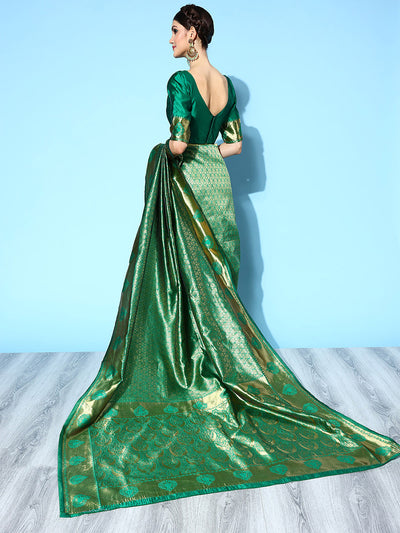 Odette Women Green Blend Silk Woven Saree With Unstitched Blouse