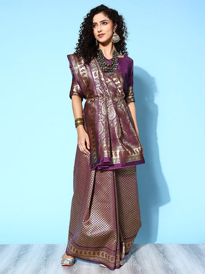 Violet Blend Silk Woven Saree With Unstitched Blouse