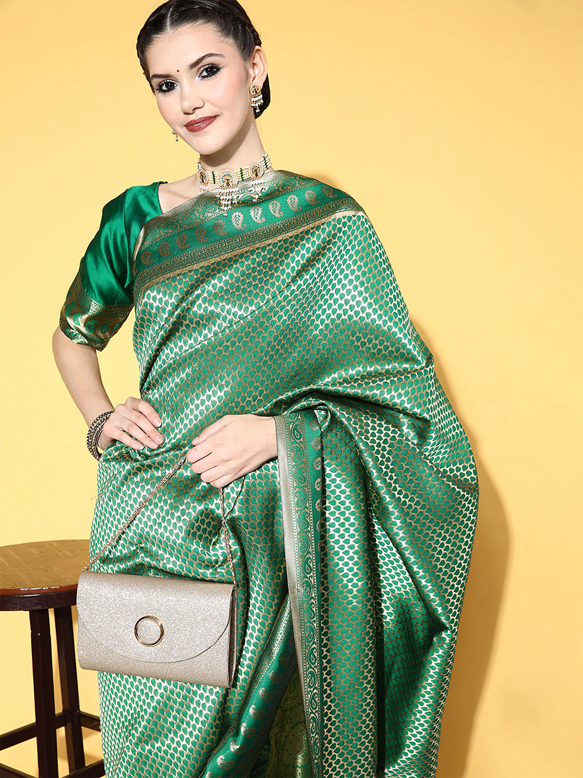 Green Blend Silk Woven Saree With Unstitched Blouse