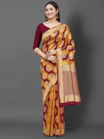 Odette Women Mustard Woven Blend Silk Saree With Unstitched Blouse