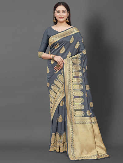 Grey Woven Blend Silk Saree With Unstitched Blouse