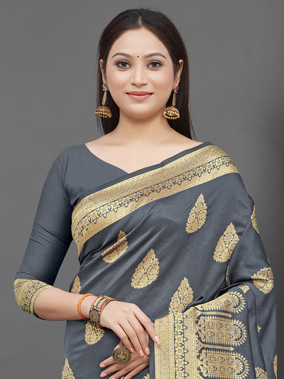 Grey Woven Blend Silk Saree With Unstitched Blouse