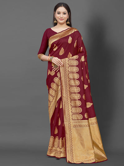 Maroon Woven Blend Silk Saree With Unstitched Blouse