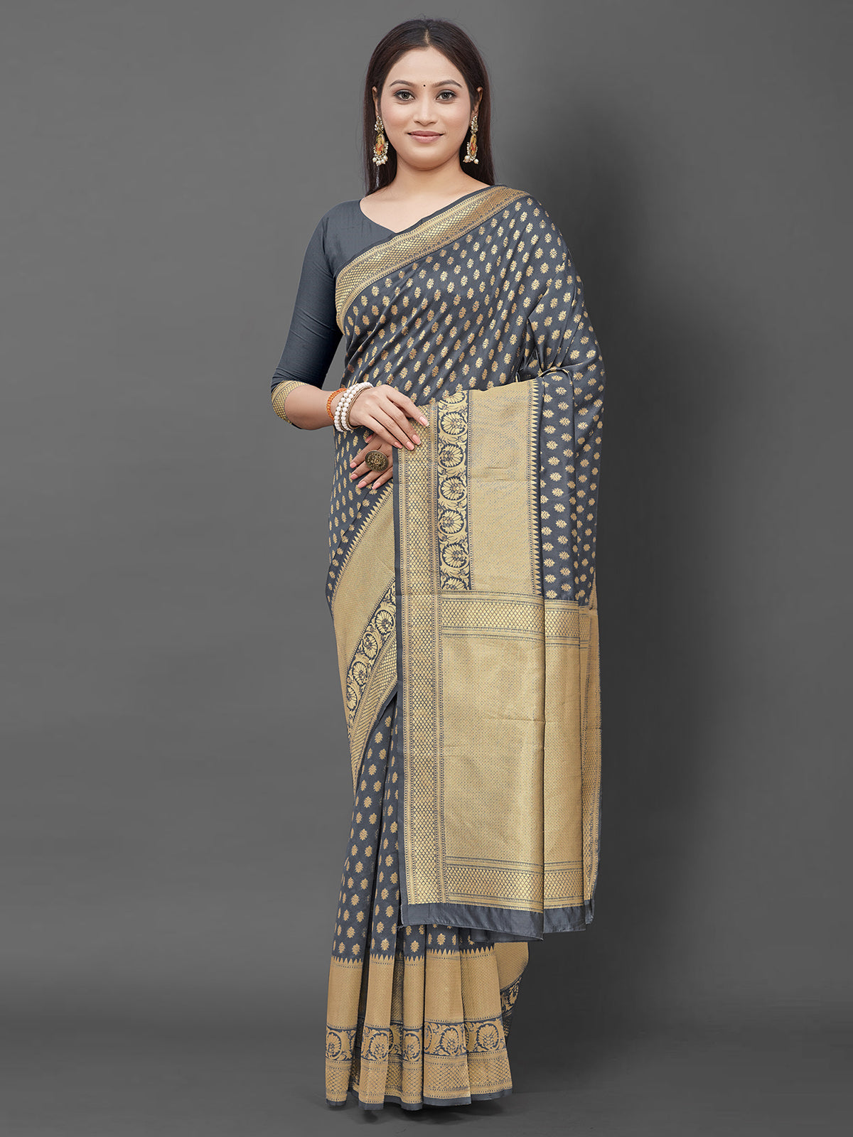 Odette Women Grey Woven Blend Silk Saree With Unstitched Blouse
