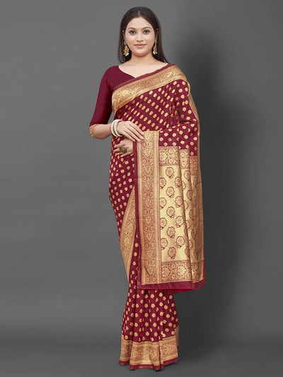 Maroon Woven Blend Silk Saree With Unstitched Blouse