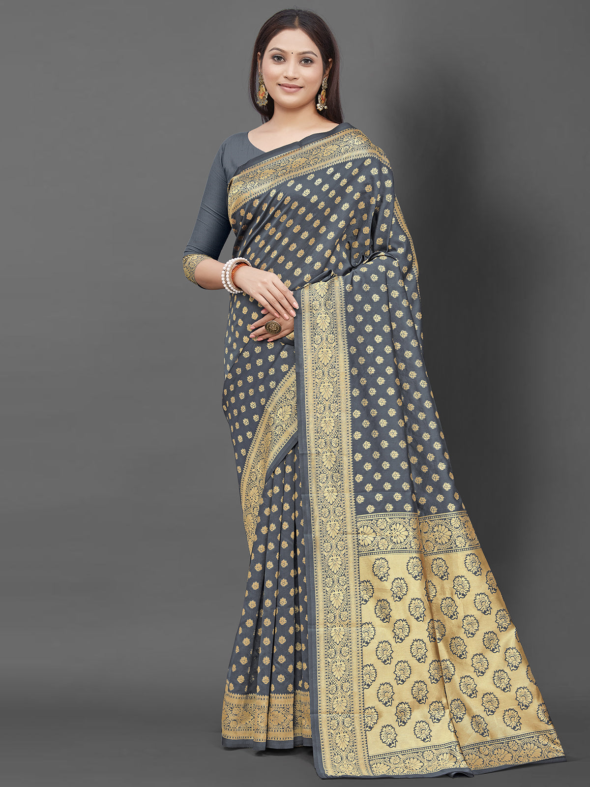 Odette Women Grey Woven Blend Silk Saree With Unstitched Blouse