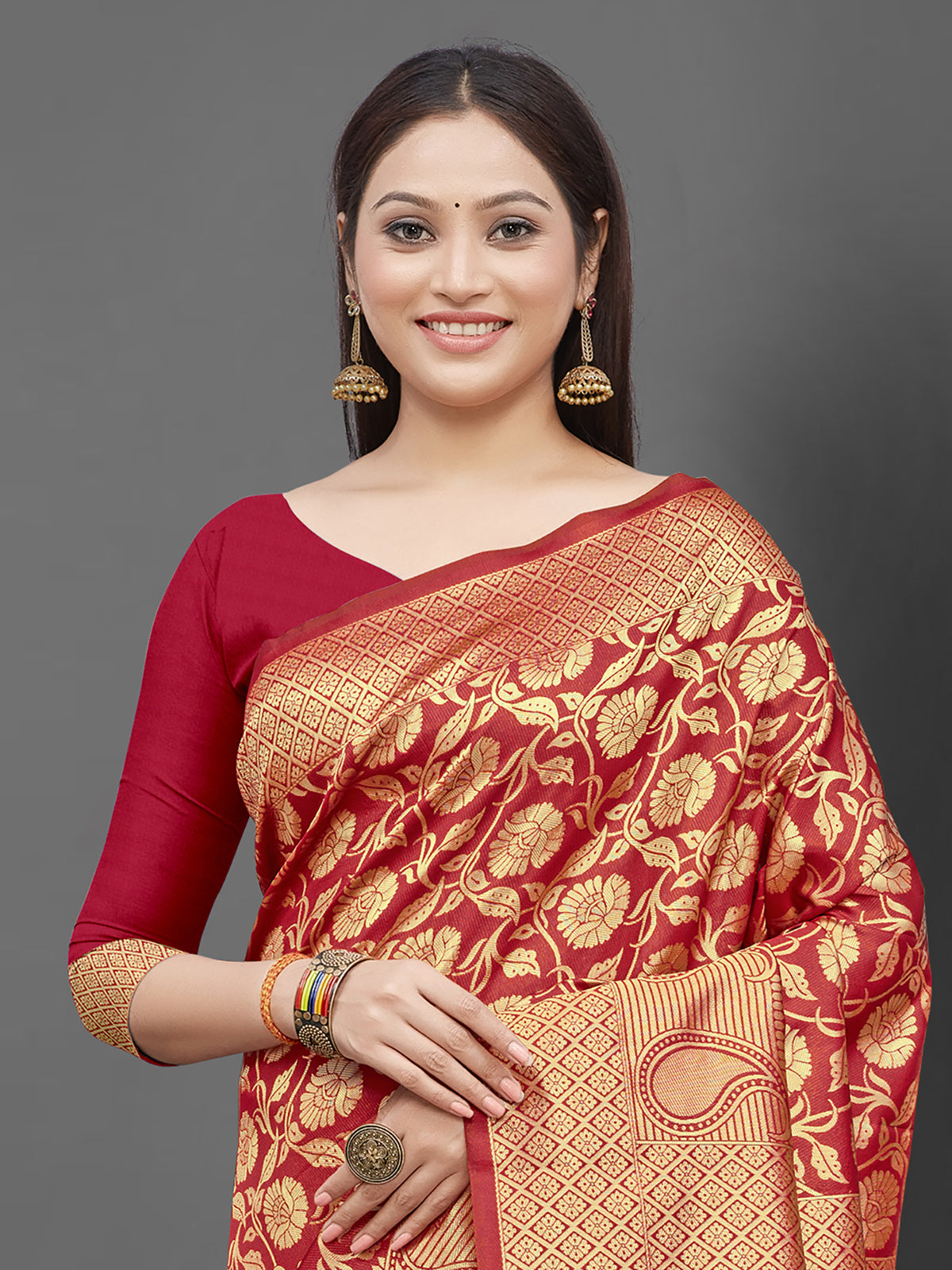 Odette Women Red Woven Blend Silk Saree With Unstitched Blouse