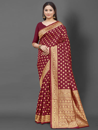 Odette Women Maroon Woven Blend Silk Saree With Unstitched Blouse