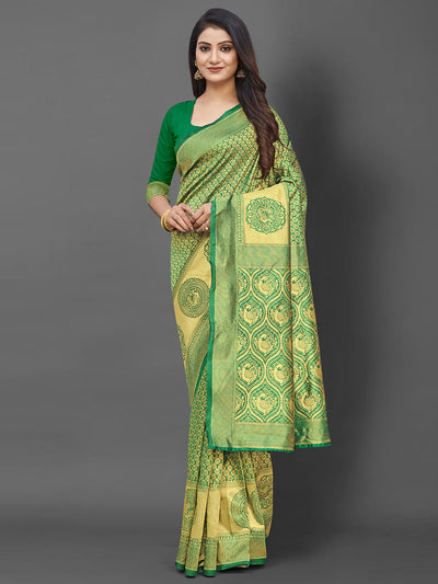 Odette Women Green Woven Blend Silk Saree With Unstitched Blouse