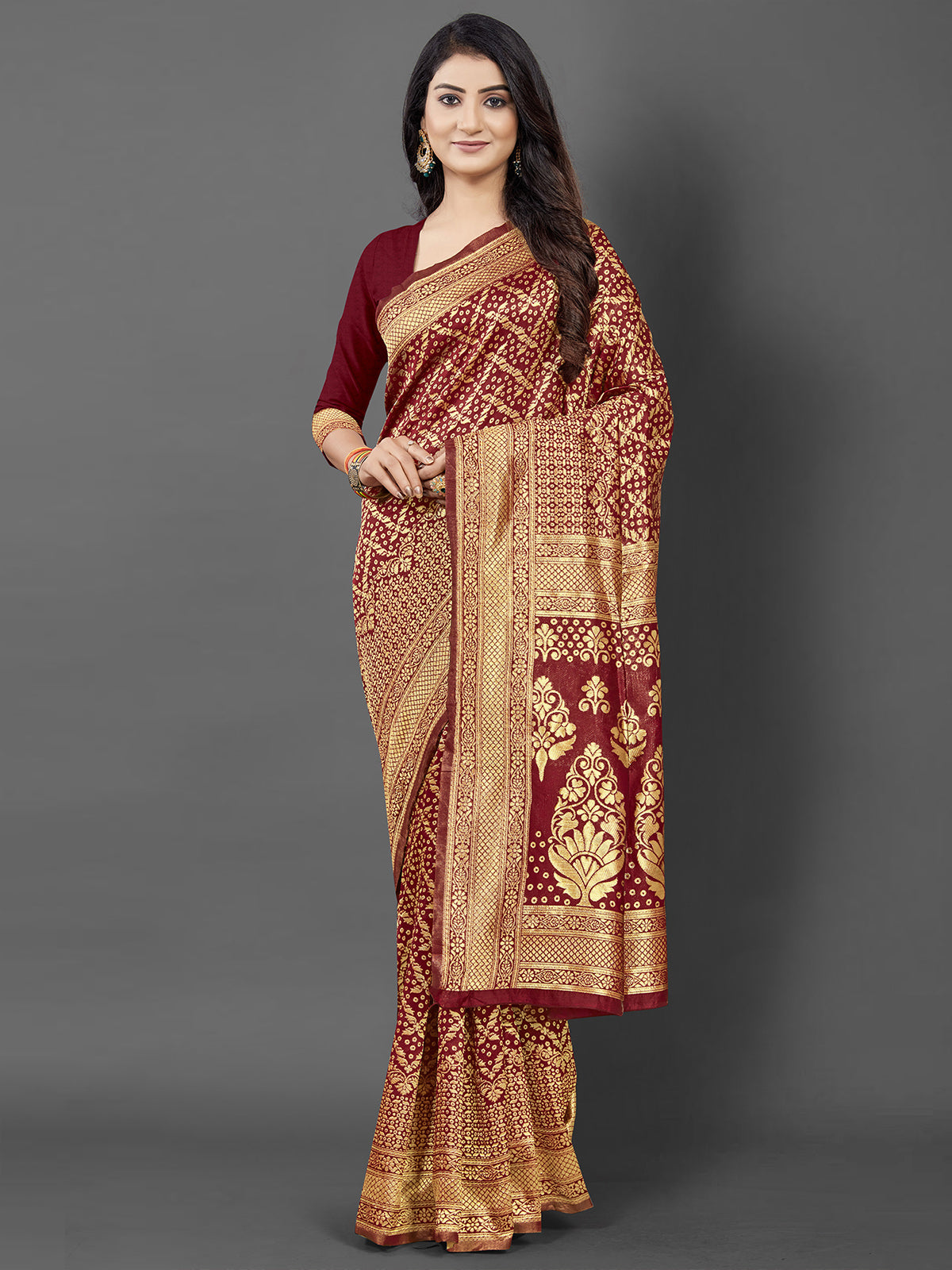 Odette Women Maroon Woven Blend Silk Saree With Unstitched Blouse