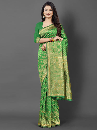 Odette Women Green Woven Blend Silk Saree With Unstitched Blouse