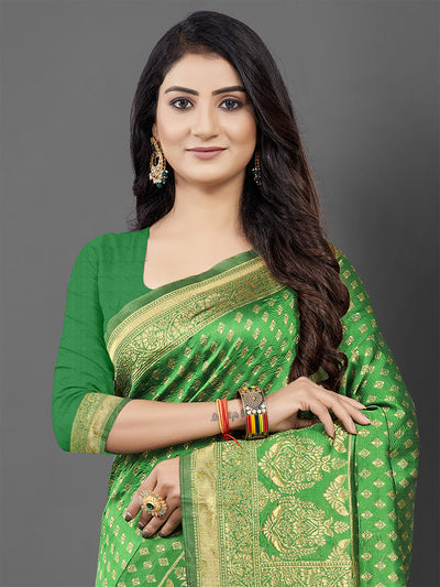Odette Women Green Woven Blend Silk Saree With Unstitched Blouse