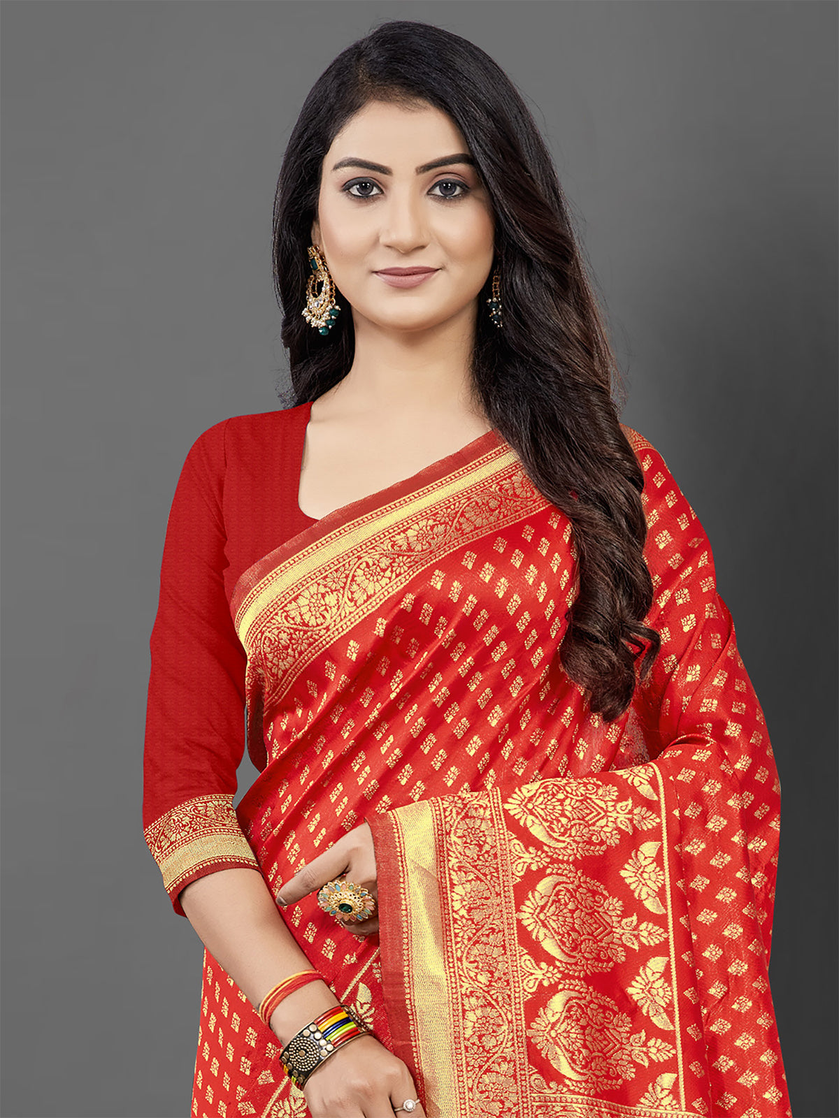 Red Woven Blend Silk Saree With Unstitched Blouse