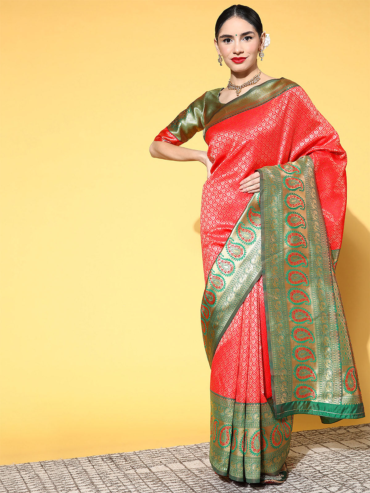 Red Blend Silk Woven Saree With Unstitched Blouse