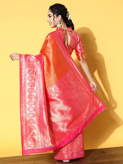 Orange Blend Silk Woven Saree With Unstitched Blouse