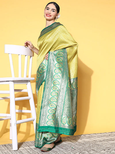 Lime Blend Silk Woven Saree With Unstitched Blouse