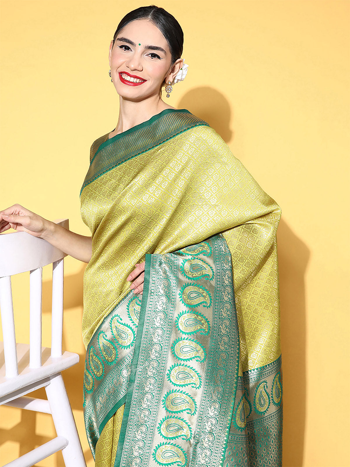 Lime Blend Silk Woven Saree With Unstitched Blouse