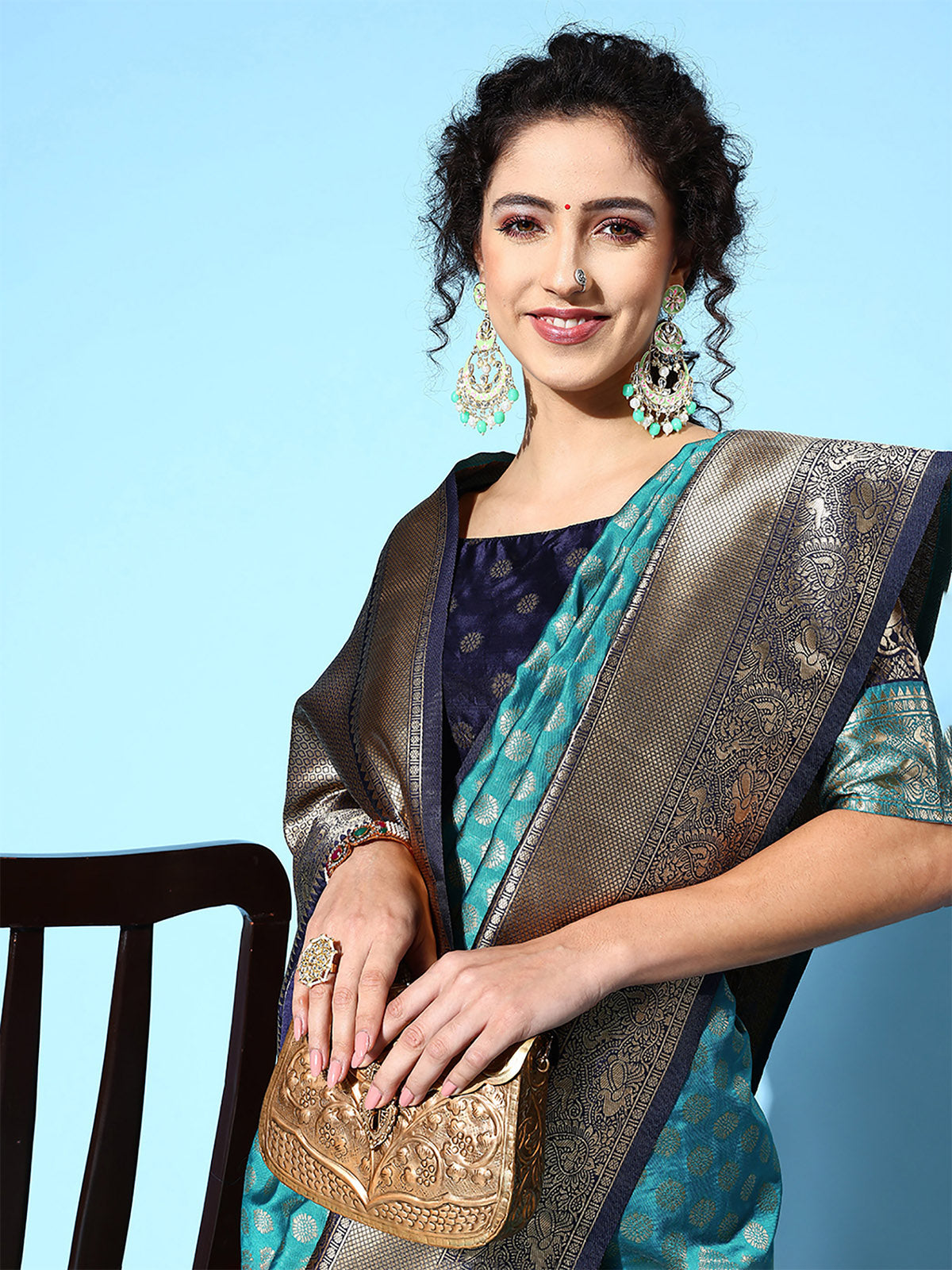 Blue Blend Silk Woven Saree With Unstitched Blouse