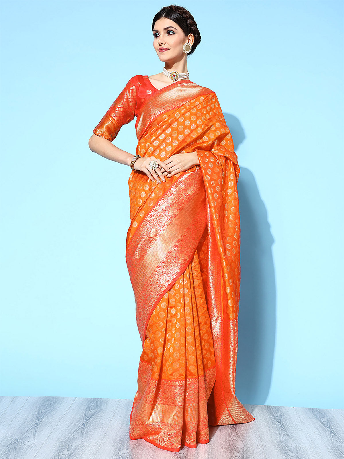 Orange Blend Silk Woven Saree With Unstitched Blouse