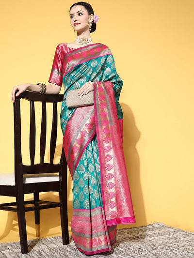 Teal Blend Silk Woven Saree With Unstitched Blouse