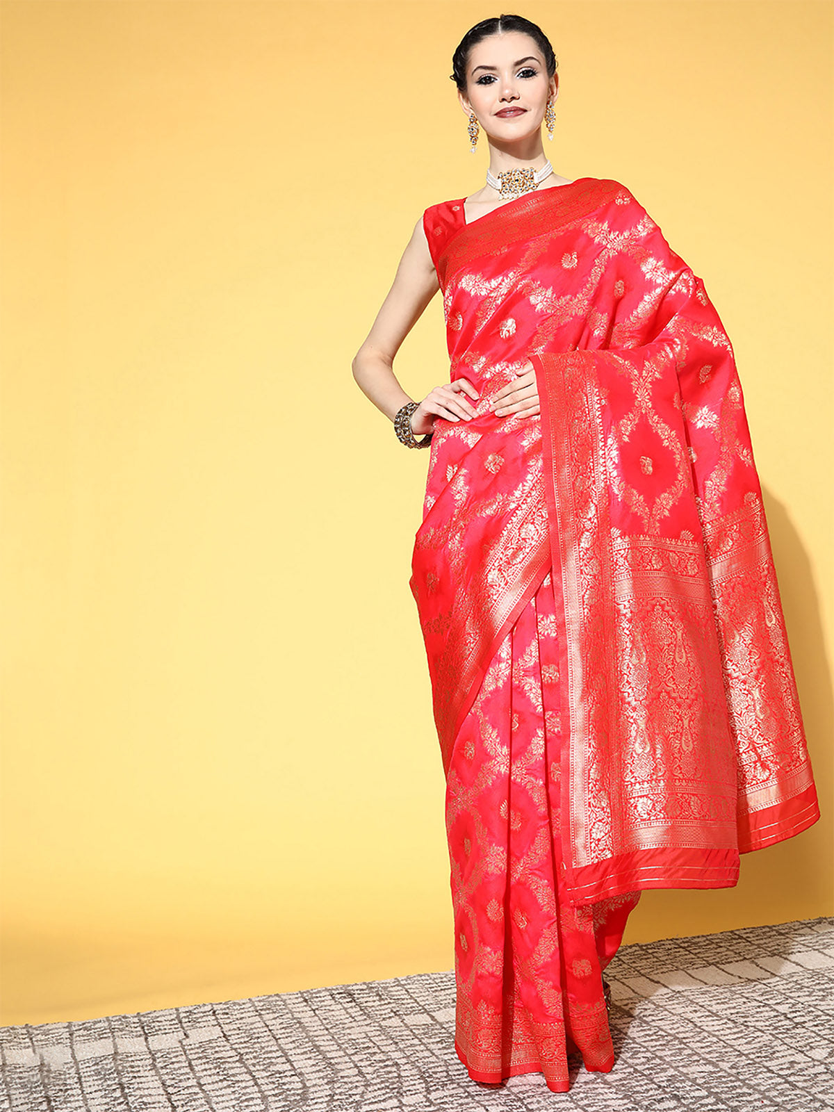 Pink Blend Silk Woven Saree With Unstitched Blouse