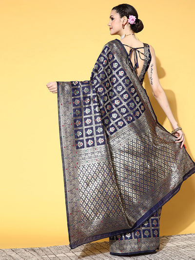 Navy Blue Blend Silk Woven Saree With Unstitched Blouse