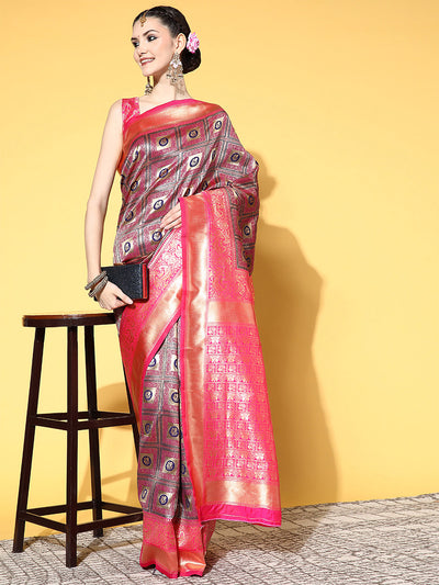 Magenta Blend Silk Woven Saree With Unstitched Blouse