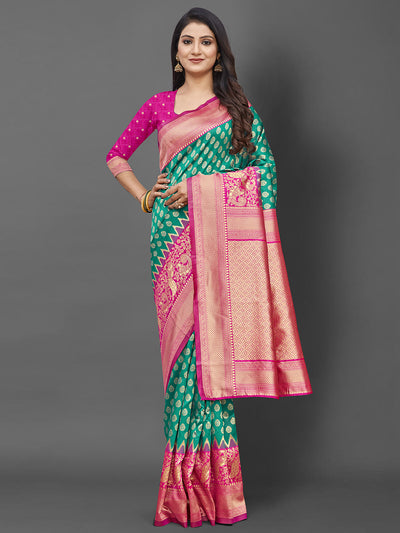 Teal Woven Blend Silk Saree With Unstitched Blouse