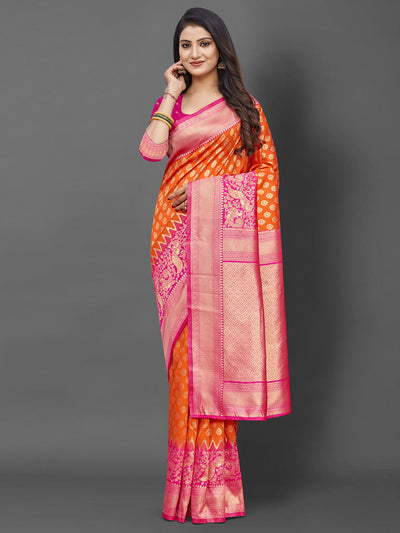 Orange Woven Blend Silk Saree With Unstitched Blouse
