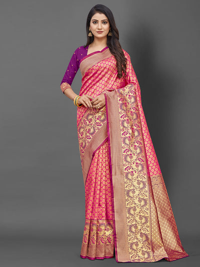 Pink Woven Blend Silk Saree With Unstitched Blouse