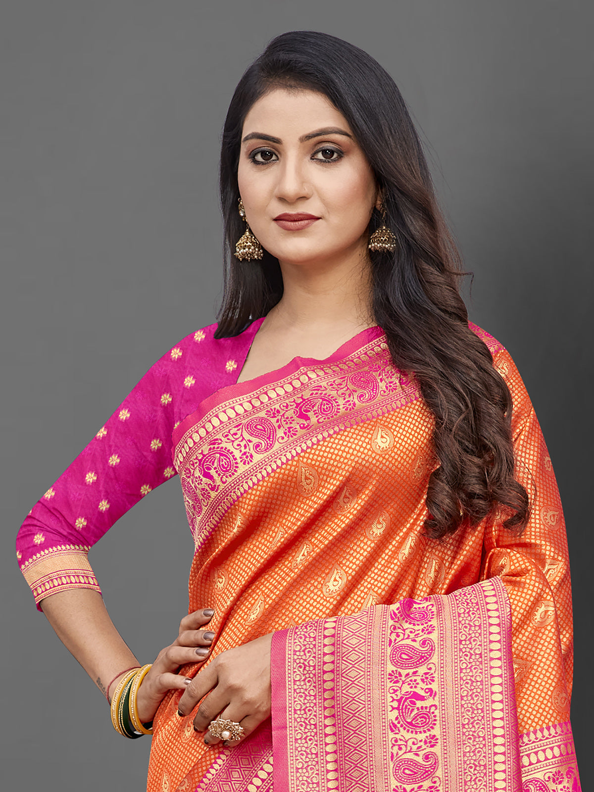 Orange Woven Blend Silk Saree With Unstitched Blouse