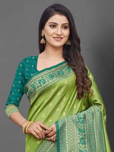 Odette Women Green Woven Blend Silk Saree With Unstitched Blouse