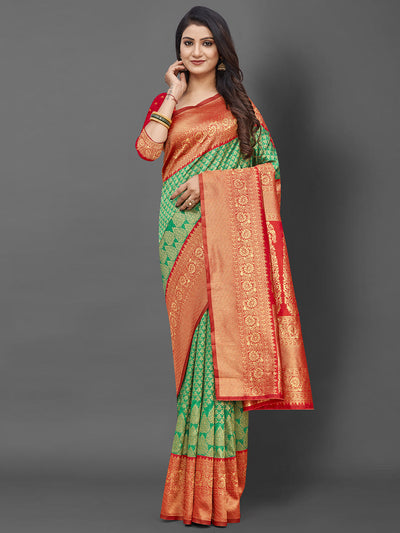 Odette Women Green Woven Blend Silk Saree With Unstitched Blouse