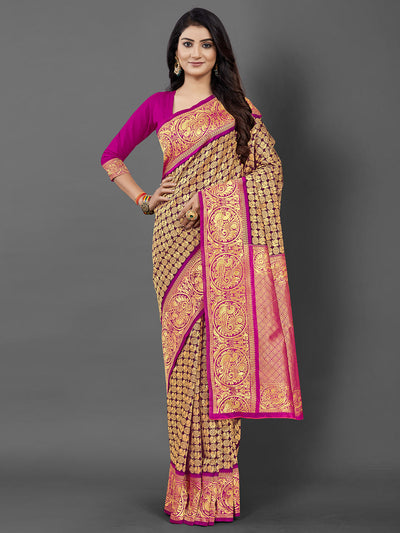 Violet Woven Blend Silk Saree With Unstitched Blouse