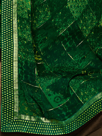Green Printed Silk Blend Saree With Unstitched Blouse