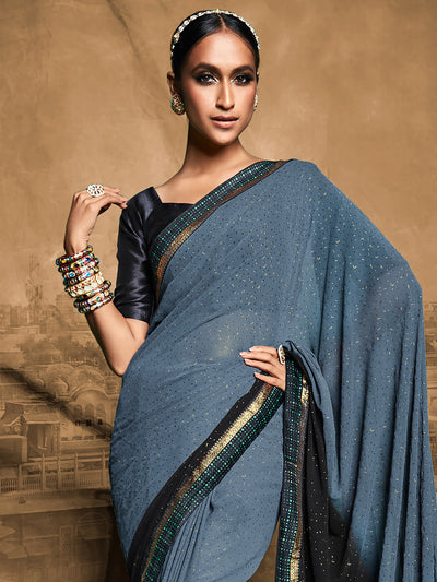 Grey Printed Silk Blend Saree With Unstitched Blouse