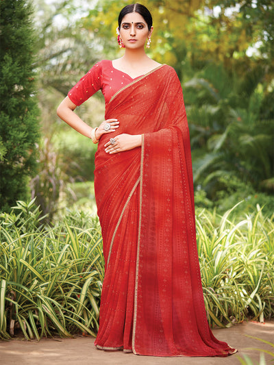 Odette Women Georgette Red Printed Designer Saree With Unstitched Blouse