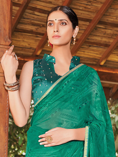 Odette Women Georgette Dark Green Printed Saree With Unstitched Blouse