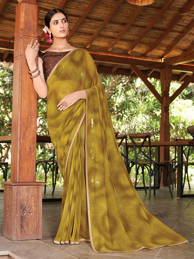 Odette Women Georgette Olive Printed Saree With Unstitched Blouse