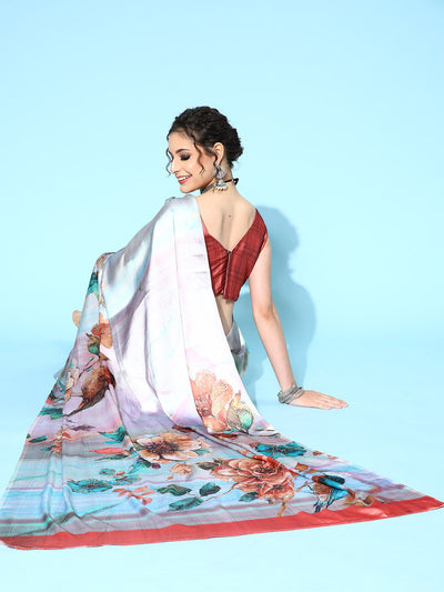 Red Orange Satin Floral Printed Saree With Unstitched Blouse