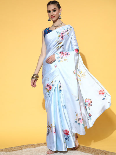 Blue Satin Floral Printed Saree With Unstitched Blouse