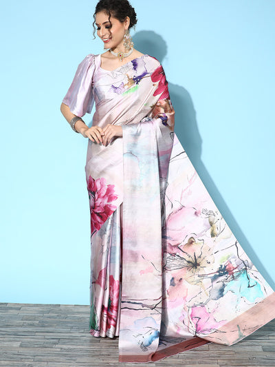 Pink Satin Floral Printed Saree With Unstitched Blouse