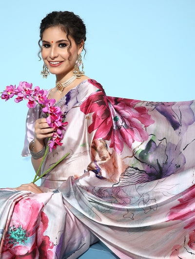 Pink Satin Floral Printed Saree With Unstitched Blouse
