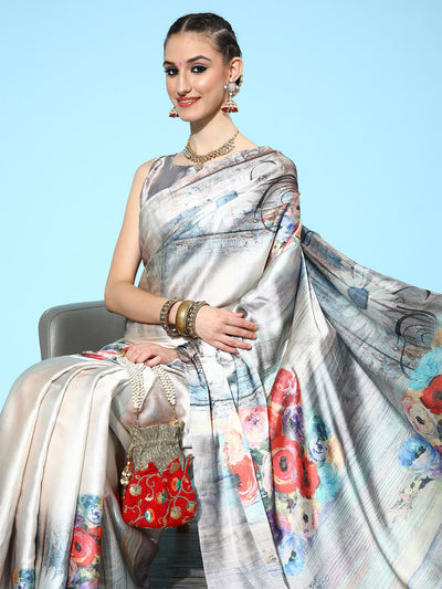Grey Satin Floral Printed Saree With Unstitched Blouse